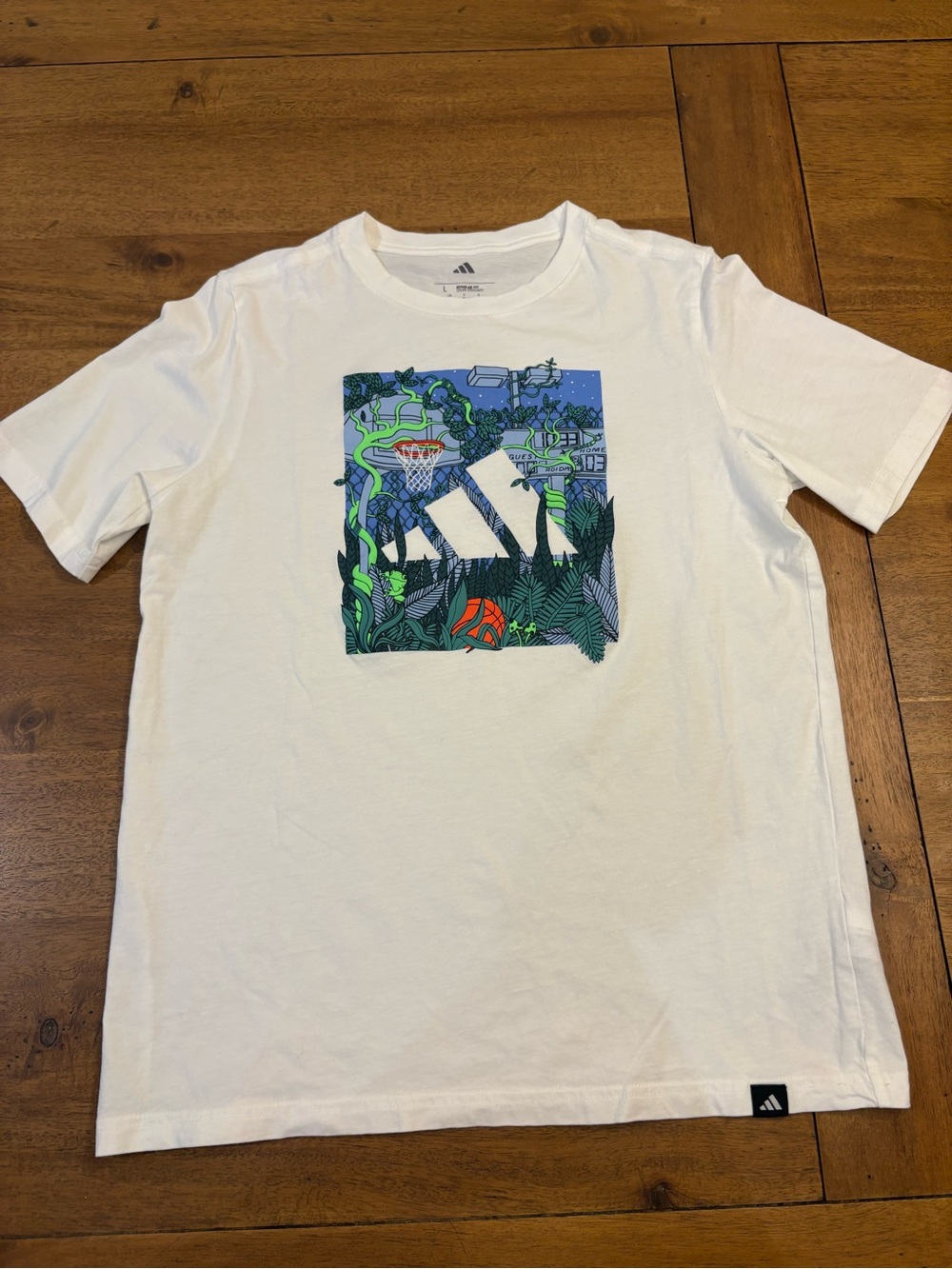adidas White Short-Sleeve Tee with Jungle Basketball Graphic